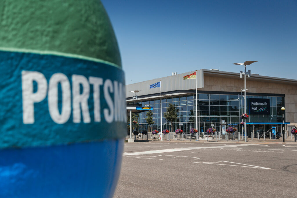 Front view of Portsmouth Port terminal on a clear day